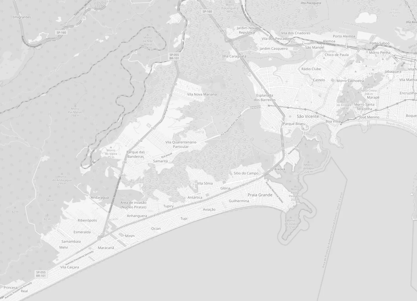 Mapa de Praia Grande, no litoral de São Paulo, entre São Vicente e Mongaguá